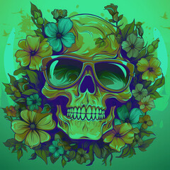 Wall Mural - Decorative skull in tribal tattoo. Hand drawn colorful and black illustration isolated on colored background. Floral pattern of plants