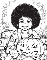 Wall Mural - simple black & white coloing book featuring a cute adorale black afro american very young boy cild with his loveable friend jackolantern