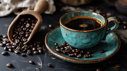 Poster - Close-up of a dark teal ceramic coffee cup full of black coffee, placed on a matching saucer.