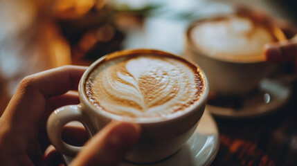 Two hands holding two cups of coffee with artistic latte art designs on top.