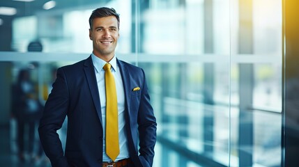 Poster - Happy businessman in modern office meeting with copy space on blurred glass walls background