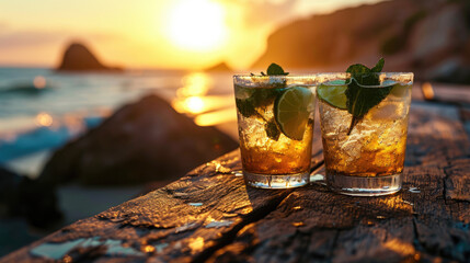 Canvas Print - Two glasses of refreshing iced drink, garnished with mint leaves and lime slices, placed on a rustic wooden table with a soft-focus background