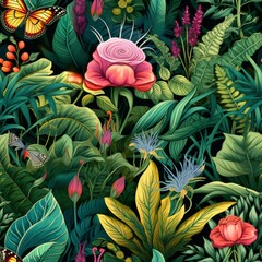  Painting of Colorful Flowers and Butterflies on a Black Background