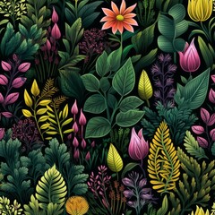  Painting of Colorful Flowers and Leaves on a Black Background