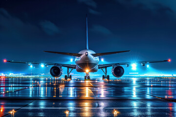 Wall Mural - Airplane lands on a wet runway while it is night time AI Generation