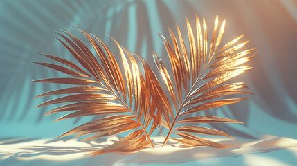 Canvas Print -  A golden palm leaves on a light background, minimal summer concept