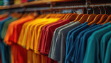 Fototapeta  - plain t-shirts of different colors hang on a hanger, store interior blur