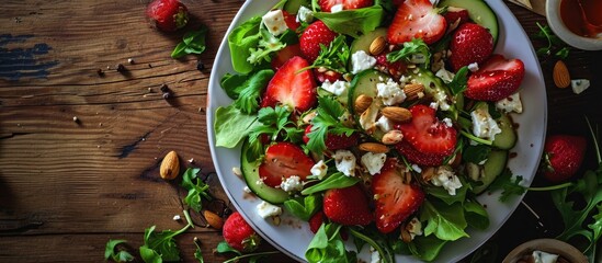 Wall Mural - Summer Strawberry cucumber salad with lettuce feta cheese and almonds Healthy Food. Copy space image. Place for adding text