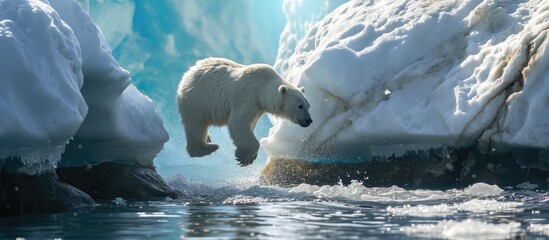 Wall Mural - Polar Bear preparing to leap a gap in the ice. Copy space image. Place for adding text