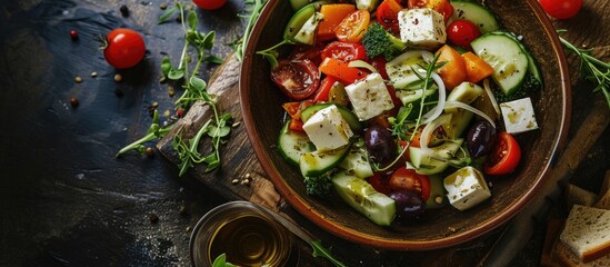 Wall Mural - Traditional greek salad with fresh vegetables feta cheese and olives Top view Rustic style Selective focus. Copy space image. Place for adding text