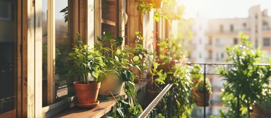 Poster - Small clean cozy balcony with windows in tiny city apartment with plants. Copy space image. Place for adding text