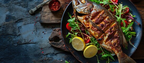 Wall Mural - Tandoori Fish Tikka served with salad and garnish of lemon. Copy space image. Place for adding text