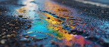 Texture Of Colorful Petrol Oil Spill On Wet Pavement Slick Industry Oil Fuel Spilling Water Pollution. Copy Space Image. Place For Adding Text
