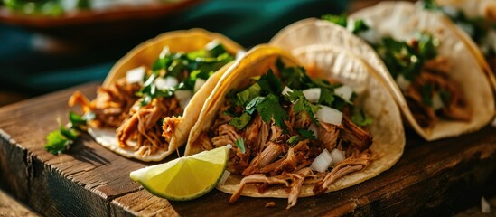 Sticker - Pork carnitas tacos on a cutting board with onion and cilantro. Copy space image. Place for adding text