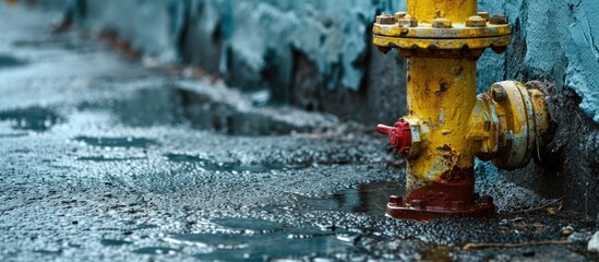 Yellow fire hydrant water main with valve coupling with meter to attach small red hose for watering. Copy space image. Place for adding text