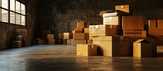 Poster - Stack of carton boxes at logistics warehouse. Copy space image. Place for adding text