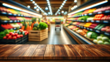 empty wooden table with blur beautiful grocery store background