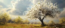 Tree Blooming In Spring With A Bible Verse Form The Book Of James. Copy Space Image. Place For Adding Text