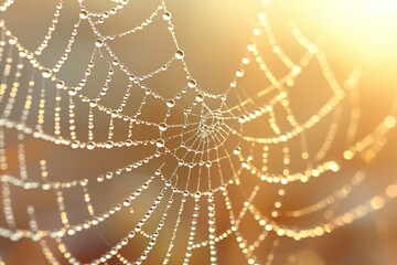 Wall Mural - Close up of intricate spider web with dewdrops illuminated by sunlight
