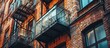 Small clean cozy glass balcony with windows city apartment red brick wall building. Copy space image. Place for adding text