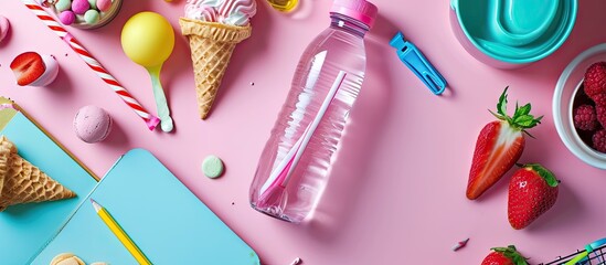 Poster - school stationery and shaker for water cold ice cream and summer mood copy space for text. copy spac