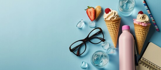 Poster - school stationery and shaker for water cold ice cream and summer mood copy space for text. copy spac
