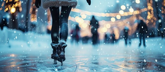 Wall Mural - Young woman ice skating outdoors on a pond on a freezing winter day color toned image motion blurred image. Copy space image. Place for adding text