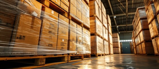 Wall Mural - Stacked of cardboard boxes wrapped plastic on pallet waiting to load into shipping container cargo shipment boxes dock warehouse Freight truck. Copy space image. Place for adding text