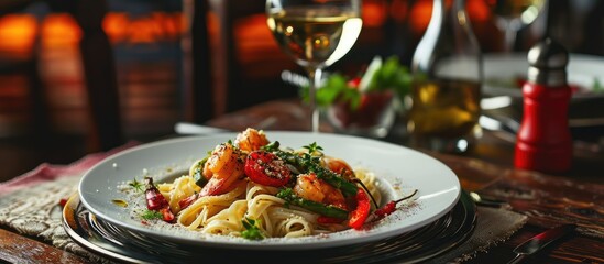 Wall Mural - Pasta with shrimps green asparagus and peppers and wine served on table in restaurant. Copy space image. Place for adding text