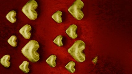 Poster - 3d animation of a multitude of golden hearts that swell on a red surface. Animation for Valentine's Day.