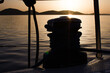 Winch on the sailboat during the  beautiful calm sunrise