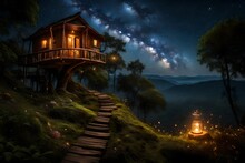 Nightfall At A Tree House On Top Of A Majestically Beautiful Hill, With Fireflies Creating A Mesmerizing Light Show Around The Wooden Sanctuary.