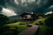 Rain clouds approaching a bungalow on top of a majestically beautiful hill, capturing the dramatic interplay of nature and architecture.