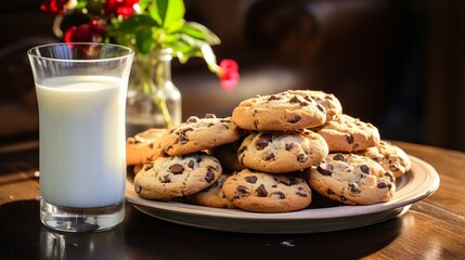 Poster - Freshly baked chocolate chip cookies on tray with milk, perfect treat for indulgence.