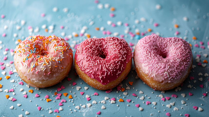 valentine day, three heart shaped donuts with sprinkles on a blue surface with hearts and sprinkles around them on a blue surface with sprinkles and sprinkles.