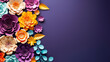 paper flowers on purple background with copy space