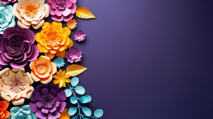 Wall Mural - paper flowers on purple background with copy space