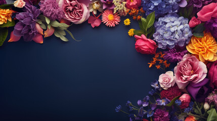 Wall Mural - spring flowers on dark blue color with copy space