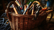 Different Garden Tools Collection In The Basket