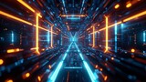 Fototapeta Przestrzenne - 3D rendering abstract futuristic background with glowing neon blue and orange lights