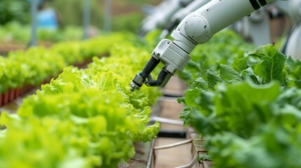 Wall Mural - A robot is working on a lettuce farm.