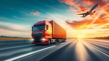 Logistics Import Export And Cargo Transportation Industry Concept Of Container Truck Run On Highway Road At Sunset Blue Sky Background With Copy Space, Cargo Airplane, Moving By Motion Blur Effect