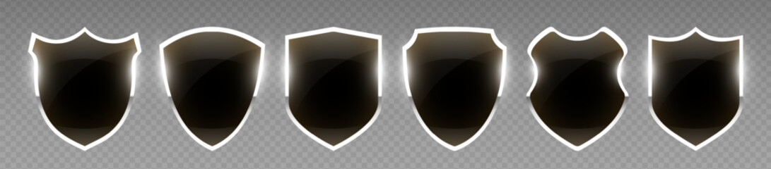 Wall Mural - Set of vector shields. Black glossy shield collection with silver frame. Banner set with shiny frame. Board signs