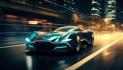 the futuristic elan concept car driving along a city road at night time, in the style of vray tracing	
