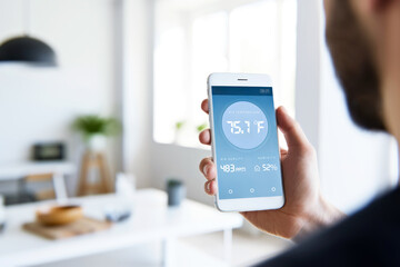 Male hand holding smartphone displaying temperature control app, connected to smart thermostat in modern minimalistic interior.Using a smartphone app to remotely adjust optimal indoor air temperature