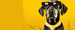 Funny dog with galsses and tie on yellow background. copy space for your text.