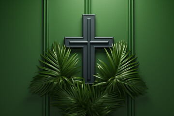 Palm Sunday, Christians to welcome Jesus Christ, cross crucifix, church christian catholic trust believe faith, happy easter, leaves, grass, wood, banner copy space greeting card background.