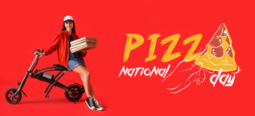 Poster - Young woman with boxes of tasty pizza and electric bike on red background