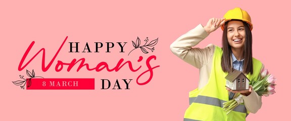 Wall Mural - Greeting banner for International Women's Day with beautiful architect on pink background