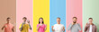 Collection of people with healthy teeth on color background. Dentistry concept